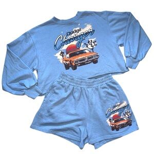 Dodge Charger 2Piece Crop Sweatshirt and Shorts Lounge Set Blue Size Small